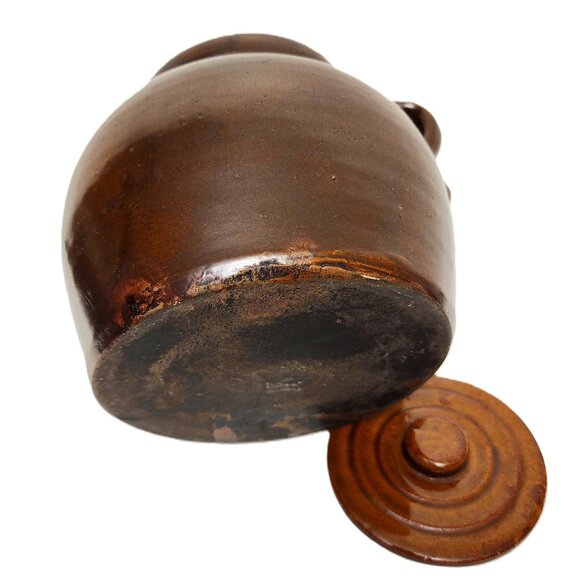 Brown Glaze Stoneware Crock Bean Pot Single Handle with Lid Antique RARE - Picture 8 of 8